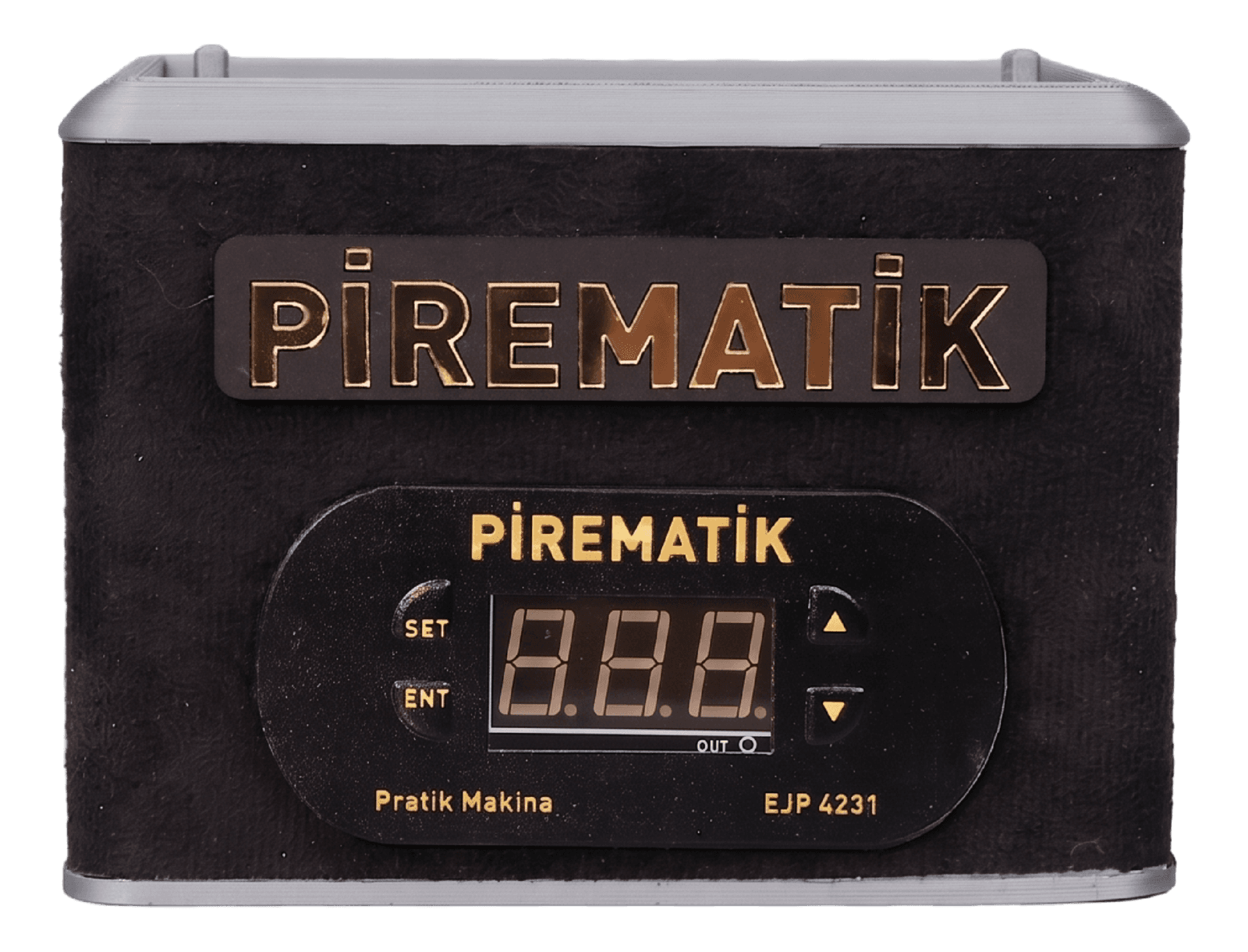 Pirematik EJP 4231 önden görünüm: siyah süet kaplı gövde, üzerinde altın renkli marka plakası, altında SET ve ENT tuşlu dijital kontrol paneli.